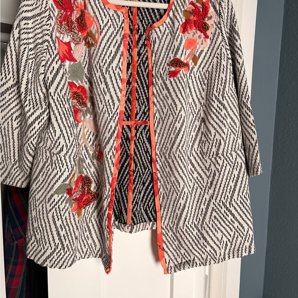 Embroidered Open Front Jacket in Black & White with Coral Accents